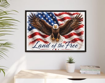 Águila calva con bandera estadounidense en lienzo mate