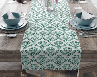 Damask Table Runner, Designer Dining Decor, Kitchen Table Linens, Green Patterned Cloth, Elegant Home Textile