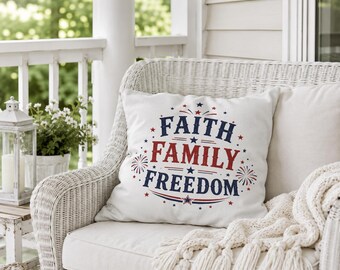 Cojín decorativo de exterior con el lema "Fe, Familia, Libertad" / Cojín decorativo patriótico del 4 de julio