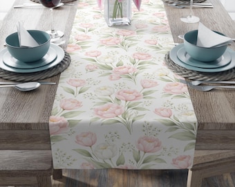 Camino de mesa Tulipán Rosa Rubor, Decoración Floral de Mesa Cottagecore, Camino de Mesa Primaveral Campestre Francés, Decoración Botánica Vintage para Comedor