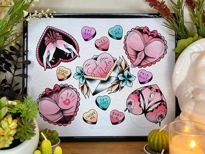 Valentine’s Day Heart Kinky Tattoo Art Print - 8 x 10 inch - Kink/Bondage/BDSM/Tattoo/Butt/Heart/Valentine’s Day Wall Decor 