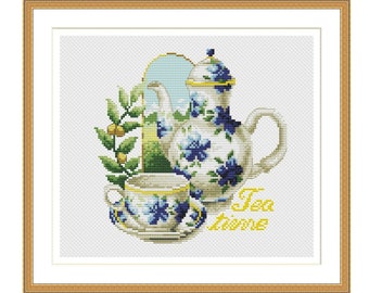 Cross Stitch Pattern Kettle and Cup of tea silhouette monochrome kitchen Counted Cross Stitch Patterns Instant Download Epattern PDF File