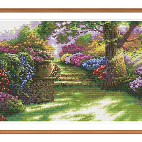 Spring Garden Cross Stitch Pattern Flowering Trees Park Etsy