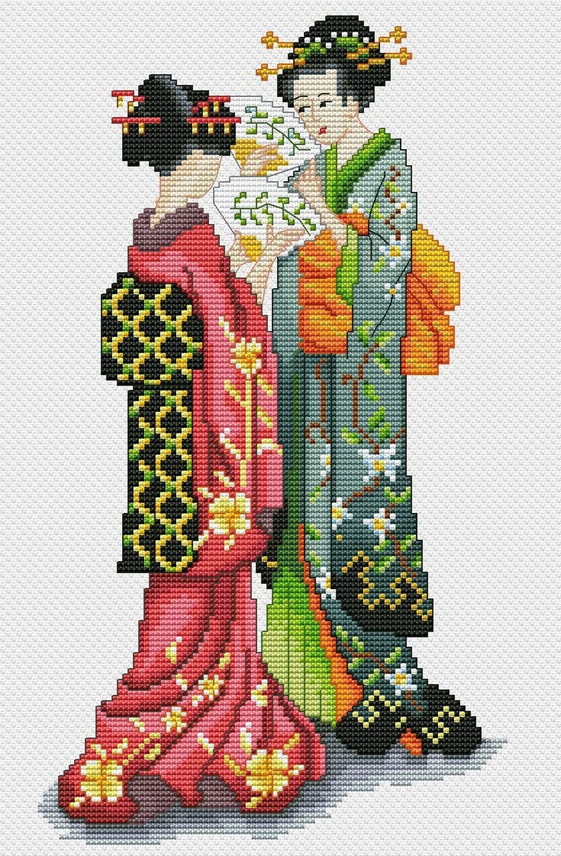 Japanese Geisha Cross Stitch Pattern Woman Kimono Fan Digital Etsy