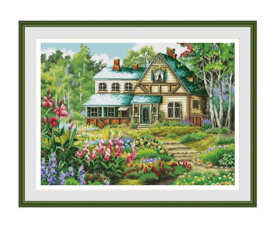Cottage House Cross Stitch Pattern Garden Cross Stitch Pattern Flower X Stitch PDF Pattern