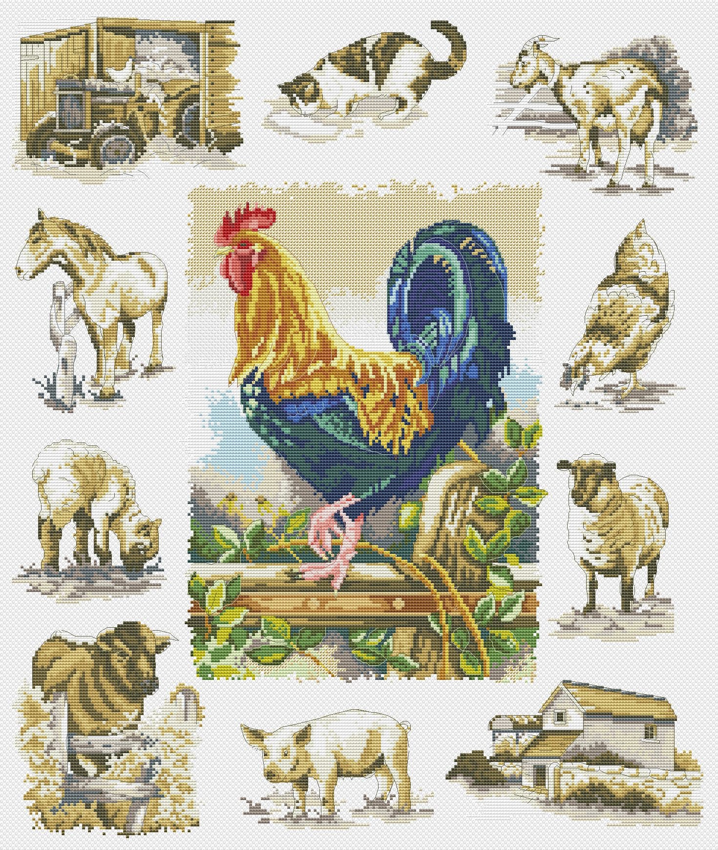 Animals Sampler Cross Stitch Pattern Farm Domestic Rooster Etsy