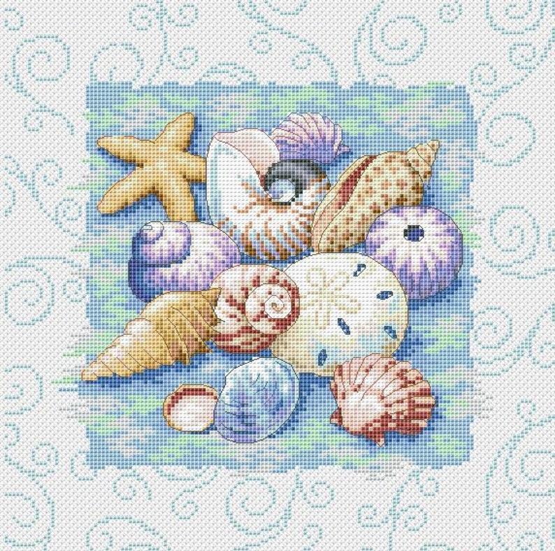 Sea Shells Cross Stitch Pattern Blue Marine Digital Instant Etsy