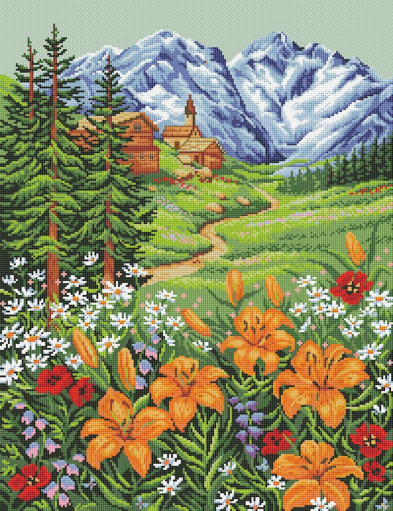 Landscape Cross Stitch Pattern Flowers Mountains House Lilies | Etsy