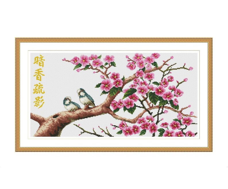 Japanese Sakura Cross Stitch Pattern Chinese Birds Digital image 1