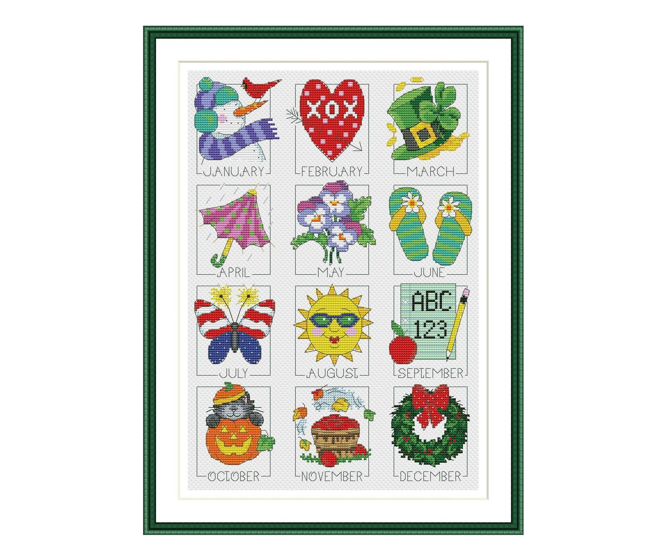 Calendar Cross Stitch Pattern Months Seasons Holiday Digital Etsy