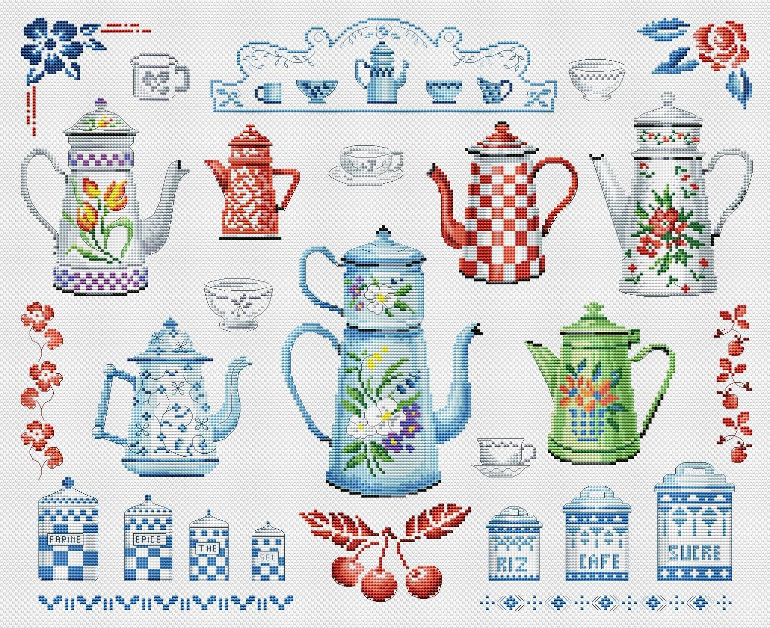 Kitchen Teapot Cross Stitch Pattern Sampler Dishes Digital Etsy