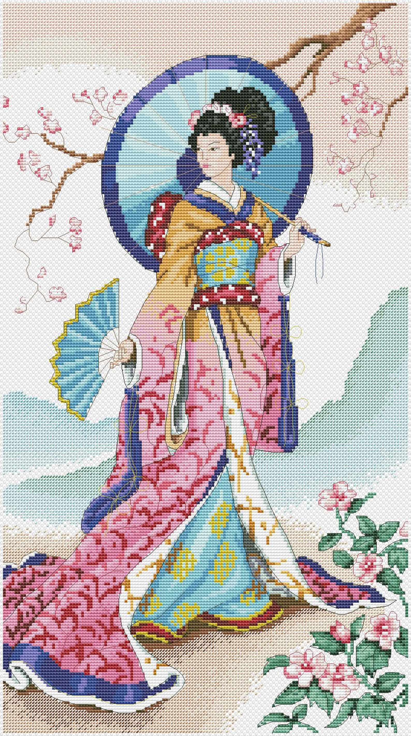 Japanese Geisha Cross Stitch Pattern Woman Umbrella Digital | Etsy