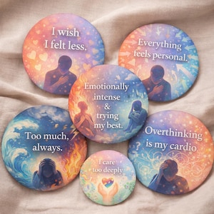May include: A collection of six round coasters with inspirational quotes and illustrations. Each coaster features a different phrase, such as "I wish I felt less" and "Overthinking is my cardio," with accompanying imagery of figures in various poses.