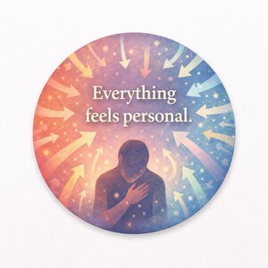 May include: Circular illustration with a person and the text "Everything feels personal." The design features a person with their hand on their chest, surrounded by arrows and a colorful gradient background.