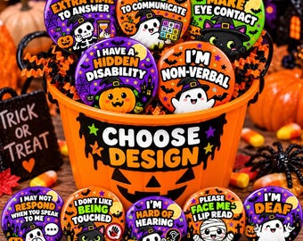 Insignia de comunicación de Halloween, pin de discapacidad oculta, insignia de autismo CAA no verbal, sordera/discapacidad auditiva, 45 mm 58 mm