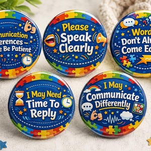 May include: Five circular badges featuring blue backgrounds with colourful puzzle piece borders. The badges display text including Communication Differences Please Be Patient, Please Speak Clearly, Words Don't Always Come Easily, I May Need Time To Reply, and I May Communicate Differently, accompanied by icons like clocks, rainbows, and speech bubbles.