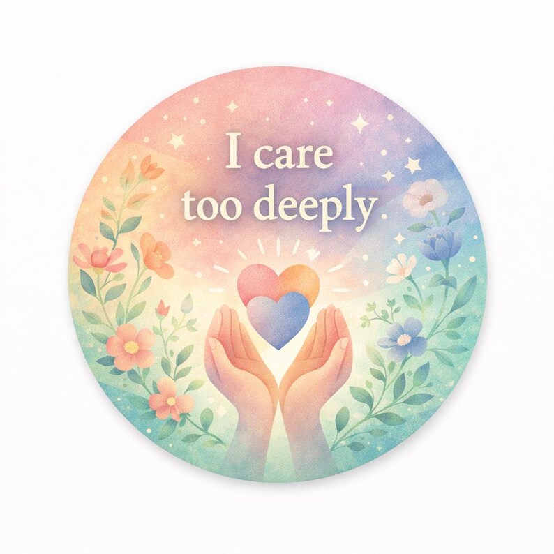 May include: A round sticker with a watercolor design. The sticker features the text "I care too deeply" in white, with a heart and hands illustration. The background has pastel colors, flowers, and stars.