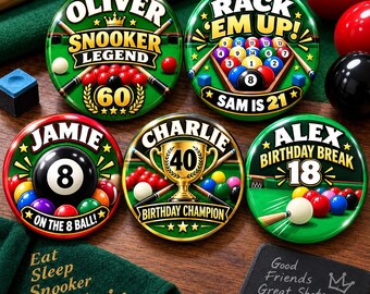 Insignia de cumpleaños de snooker personalizada, insignia de billar con nombre y edad personalizados, regalo de snooker, 18º, 21º, 30º, 40º, 50º, 60º, 70º cumpleaños
