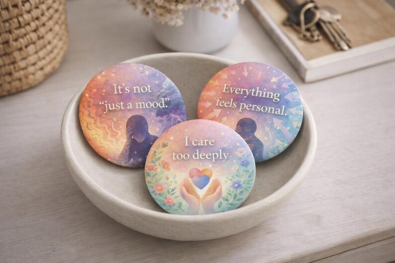 May include: Three round, colorful coasters with inspirational quotes in a white bowl. The coasters feature watercolor designs with phrases like "It's not just a mood," "Everything feels personal," and "I care too deeply."