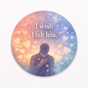 May include: Round illustration with a person in a dark silhouette, hand on chest, surrounded by hearts and stars. The background transitions from orange to blue. Text reads "I wish I felt less."