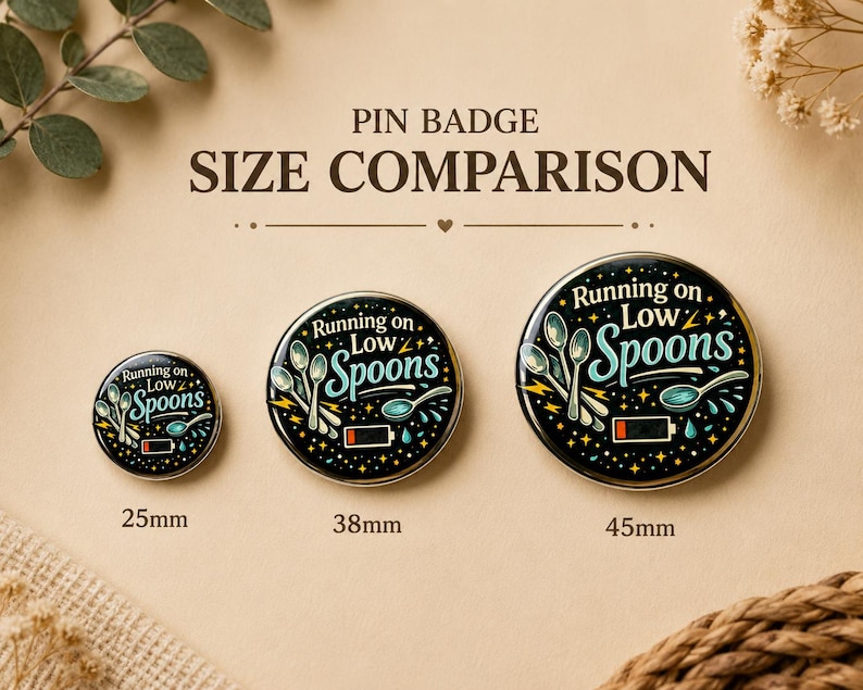 Puede incluir: Tres chapas circulares de 25mm, 38mm y 45mm. Cada chapa negra presenta el texto "Running on Low Spoons" en azul claro y blanco, con ilustraciones de cucharas plateadas, un icono de bater&iacute;a baja y peque&ntilde;as estrellas amarillas.