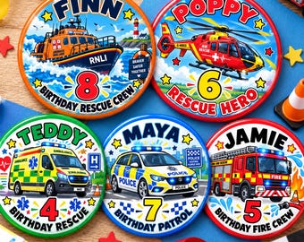 May include: Five circular badges featuring rescue vehicles: a lifeboat with 'FINN', a helicopter with 'POPPY', an ambulance with 'TEDDY', a police car with 'MAYA', and a fire truck with 'JAMIE'. Each badge displays a name, age number, and rescue theme.