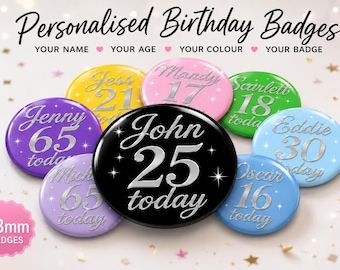 Custom Birthday Badge | Personalised Name, Age, Colour (38mm/45mm)