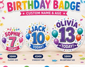 Personalised Birthday Badge, Custom Name Age Party Pin, Kids Adult Gift UK