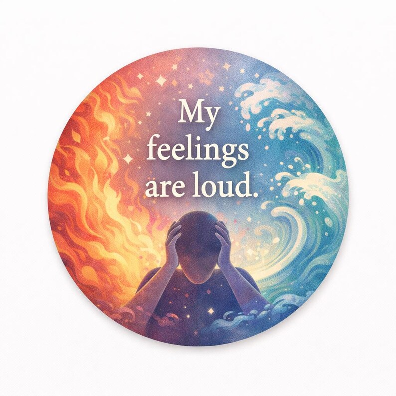 May include: Round illustration with a person holding their head, surrounded by fire and waves. The text "My feelings are loud" is in the center. The color palette includes orange, blue, and purple.