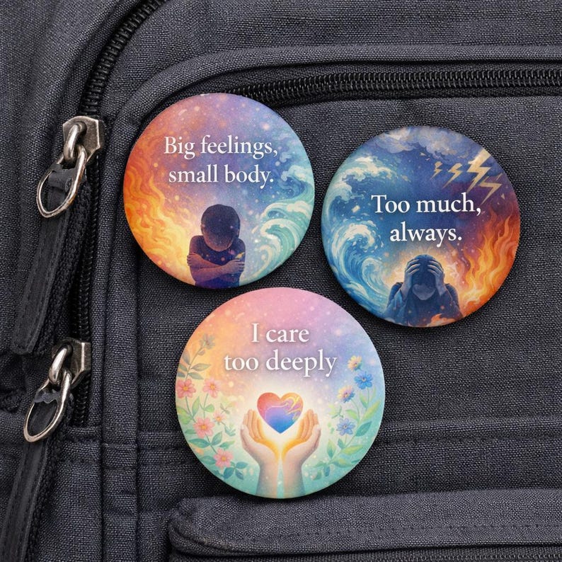 May include: Three round buttons with inspirational quotes. One button reads "Big feelings, small body" with an image of a child. Another says "Too much, always" with a person in distress. The last says "I care too deeply" with a heart.