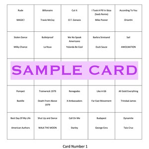 May include: Muzingo game card featuring 2010s One Hit Wonders. The card has a grid layout with song titles like "Rude" and "Stolen Dance". The words "SAMPLE CARD" are in a large purple font. The game logo is in the top corners.