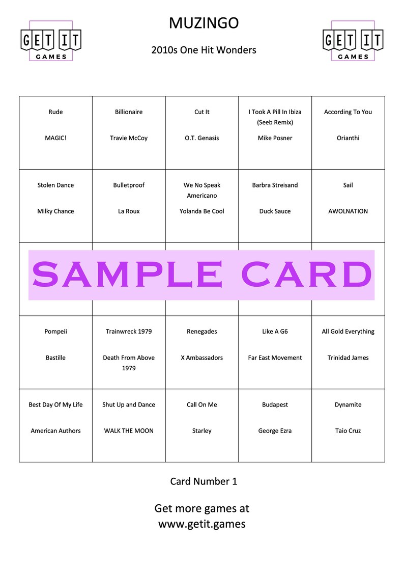 May include: Muzingo game card featuring 2010s One Hit Wonders. The card has a grid layout with song titles like "Rude" and "Stolen Dance". The words "SAMPLE CARD" are in a large purple font. The game logo is in the top corners.