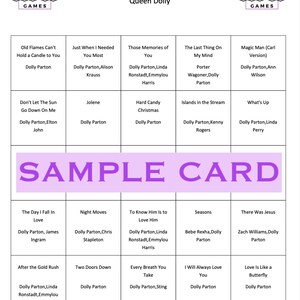 May include: A game card from a "Muzingo" game featuring the theme "Queen Dolly." The card has a grid of song titles and artists, including Dolly Parton. The text "SAMPLE CARD" is prominently displayed. The game logo is in the top corners.