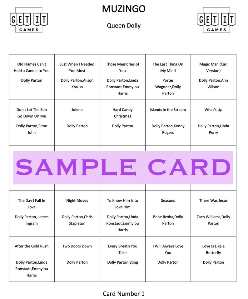 May include: A game card from a "Muzingo" game featuring the theme "Queen Dolly." The card has a grid of song titles and artists, including Dolly Parton. The text "SAMPLE CARD" is prominently displayed. The game logo is in the top corners.