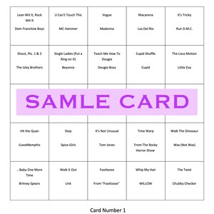 May include: A Muzingo dance routine game card with a grid of song titles and artist names. The card features the text "SAMPLE CARD" in large, purple letters. The game's logo is in the top corners, and the website address is at the bottom.