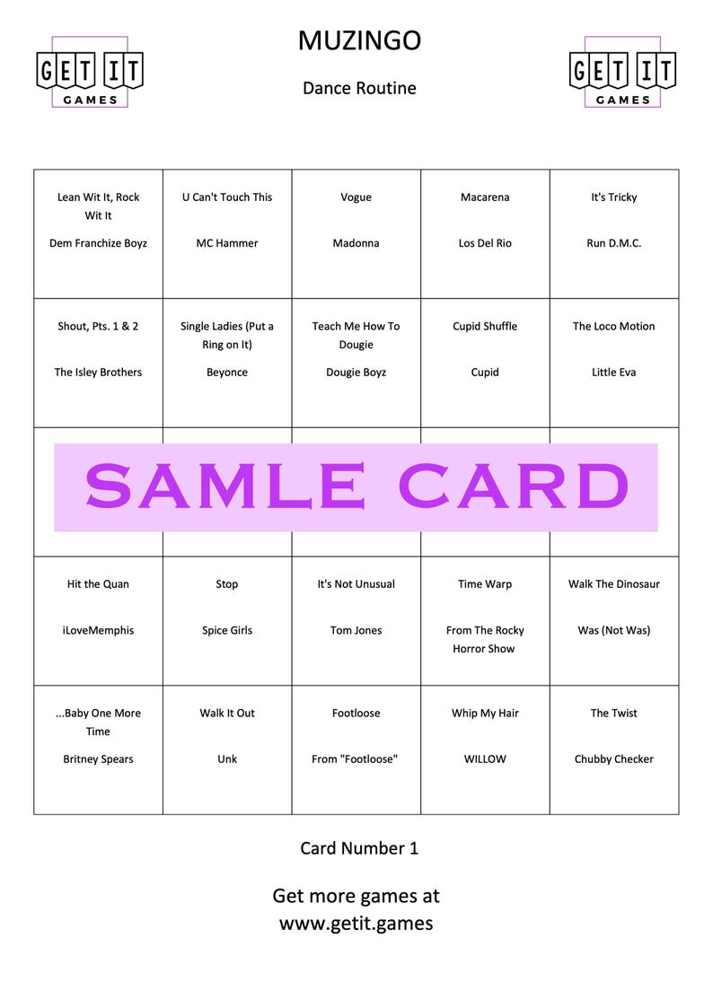 May include: A Muzingo dance routine game card with a grid of song titles and artist names. The card features the text "SAMPLE CARD" in large, purple letters. The game's logo is in the top corners, and the website address is at the bottom.
