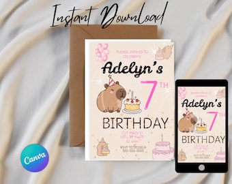 Editable Capybara Birthday Invitation, Pink Theme, Canva Template (Digital Download)