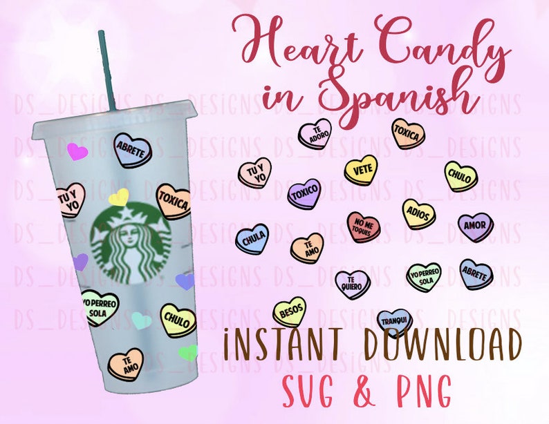 Candy Hearts in Spanish Instant Download SVG and PNG, Valentines Day