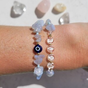 Crystal Evil Eye or personalised BLUE LACE AGATE Bracelet, with 14k gold filled beads. Good luck, protection, healing.