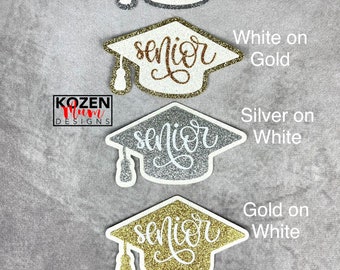 Senior graduation cap with script glitter paper cut out for DIY homecoming mum or garter for senior night projects, and graduation parties