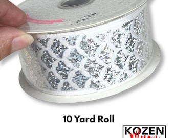 Silver Mermaid Imprint on White Ribbon with Iridescent Fish Scale Accent, 1.5" wide, 25 yards, Used for Homecoming Mums, Garters and Wreaths