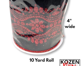 Red Glitter Paisley on Black Wired Ribbon, 10 yards, 4" Wide, for Homecoming Mums, Garters and Wreaths