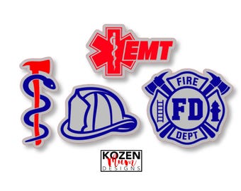 EMT and Fire Fighter Glitter Paper Die Cut Homecoming Mums & Garters: Fire Hat, Axe and Snake, Fire Dept, Emergency Medical Technician Sign