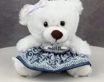 Bear in Elegant Navy Paisley Dress for Homecoming Mum or Unique Gift. Sits 6" tall. Bow Comes Detached
