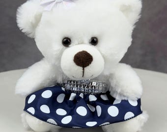 Bear in Elegant Navy Polka Dot Dress for Homecoming Mum or Unique Gift. Sits 6" tall. Bow Comes Detached