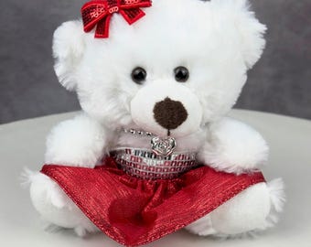Bear in Elegant Red and Silver Dress for Homecoming Mum or Unique Gift. Sits 6" tall. Bow Comes Detached