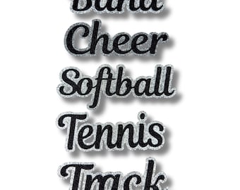 Custom Cut Glitter Paper Activity Words in Marigold Font for Homecoming Mums Wrestling/Color Guard/Drill Team/Track/Volleyball & More