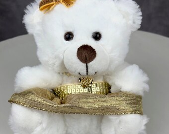 Bear in Elegant Gold Dress for Senior Homecoming Mum, Unique Graduation Gift. Sits 6" tall. Option for Grad Cap Add On, Bow Detached