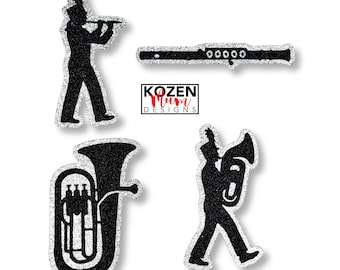 Band Glitter Paper Die Cuts for Homecoming Mums and Garters. Featuring: Flute and Tuba Instruments and Players.