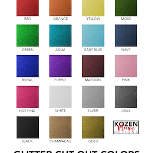 May include: A chart of glitter cut out colours, including red, orange, yellow, green, aqua, baby blue, navy, royal, purple, maroon, pink, hot pink, white, silver, grey, black, champagne, and gold. The text "GLITTER CUT OUT COLOURS" and "New colour this year: Brown" is also included.